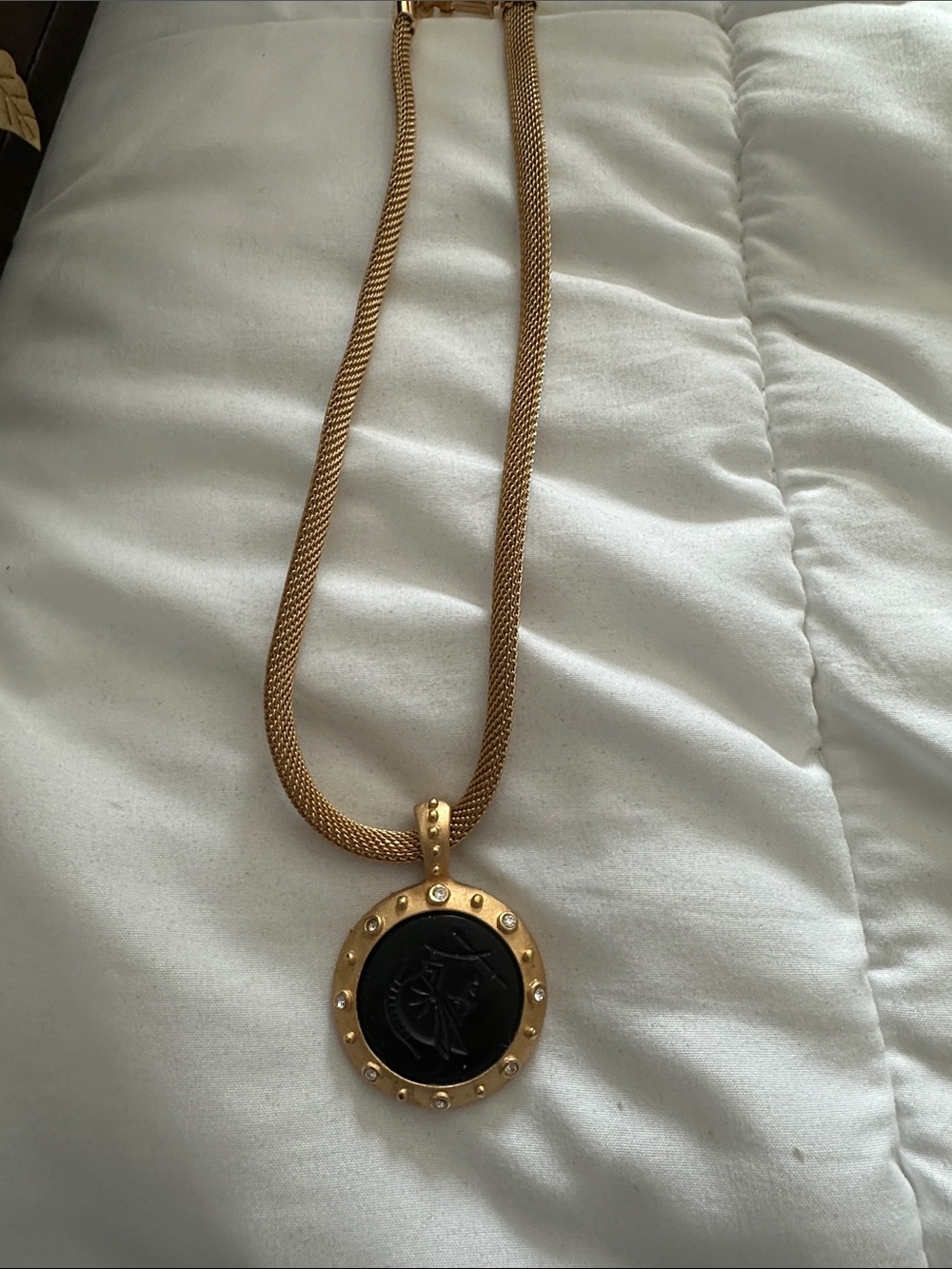 Gold-Tone Necklace with Black Circular Pendant